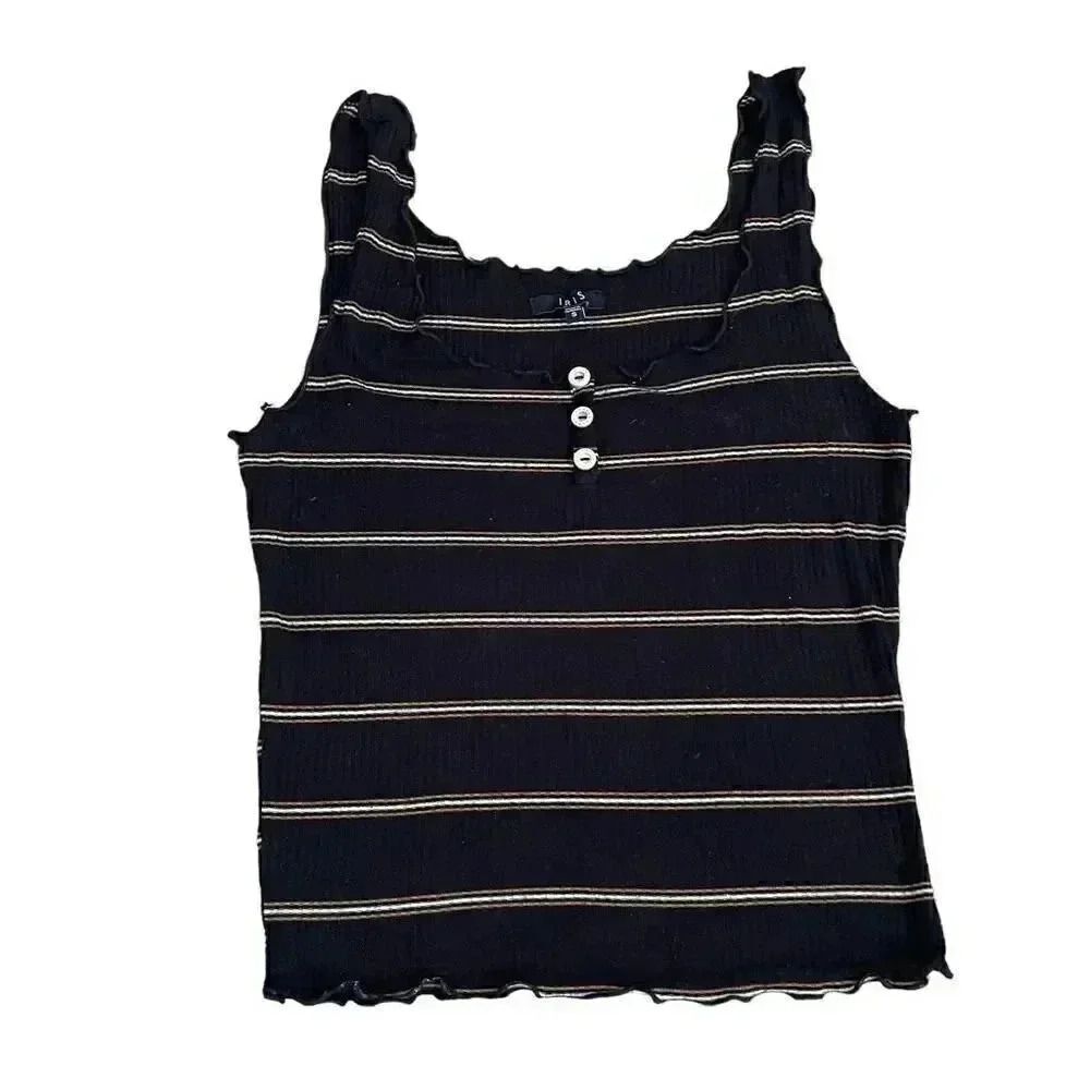 Iris Sleeveless Striped Soft Casual Black Bohemian  Tank Top S #1046